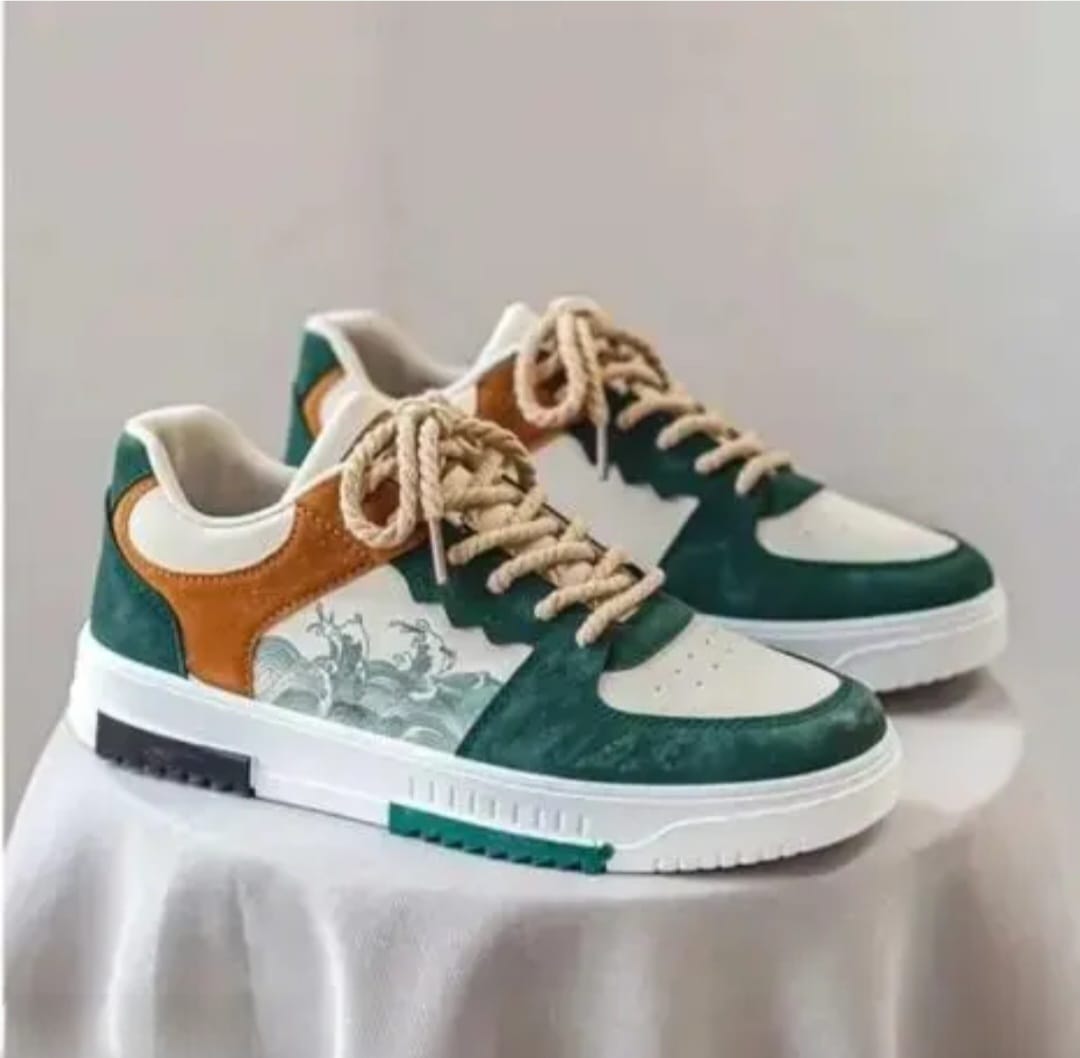 Men's White Casual Sneaker Shoes With Green Print Touch-up Shoes